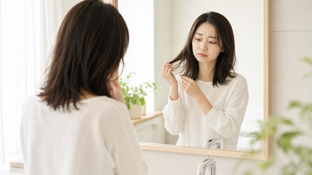 髪質改善の効果を感じられず毛先を気にする女性