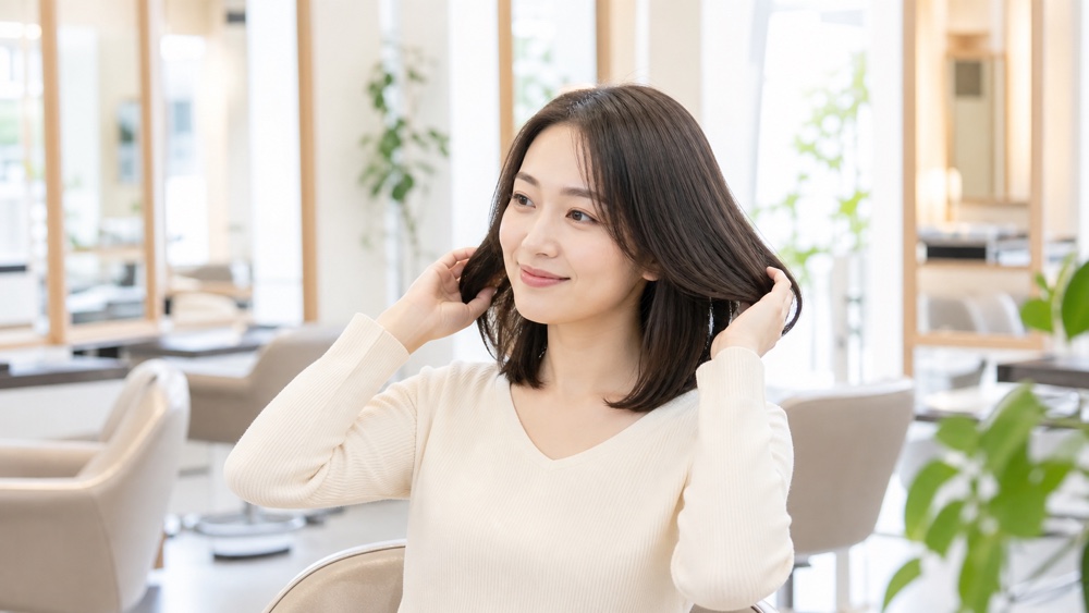 髪質改善の効果を感じて髪を整える女性