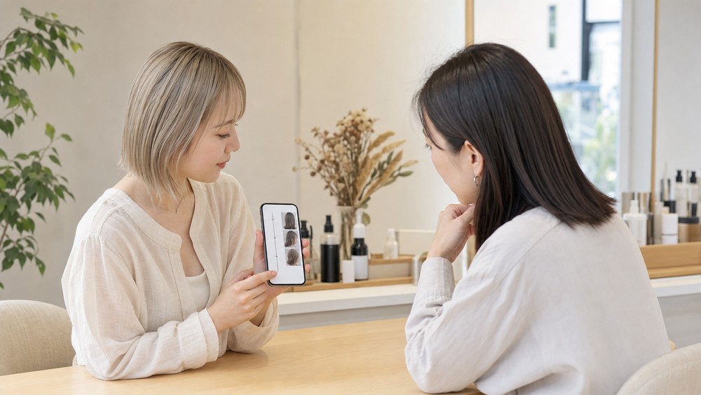 スマートフォンの写真を見せて施術履歴を相談する女性