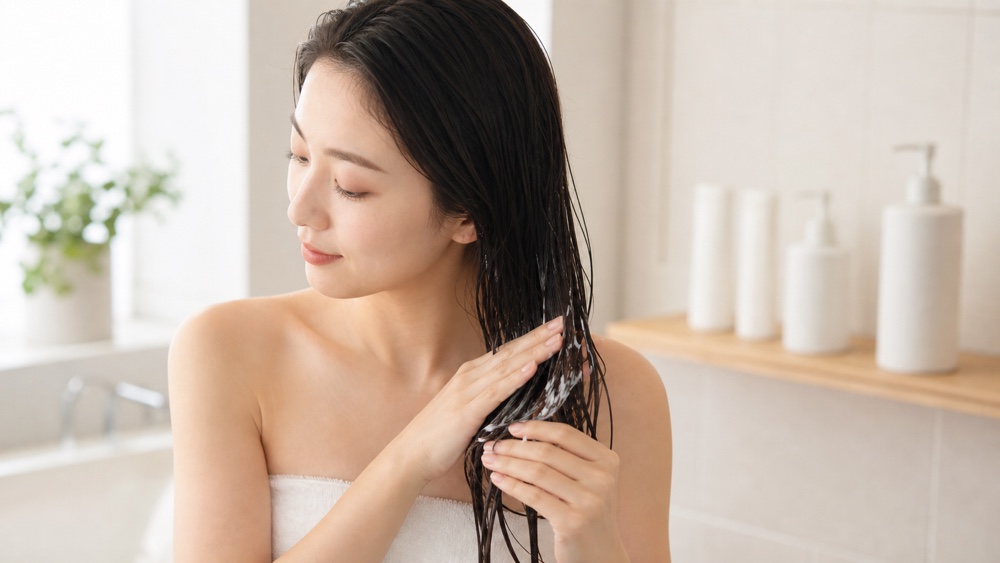 自宅でトリートメントを使って髪質改善ホームケアをする女性