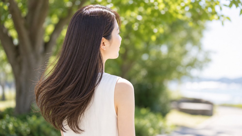 夏の光の中でツヤのある健康的な髪を見せる日本人女性