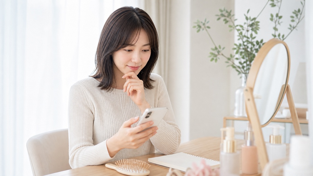 髪質改善についてスマートフォンで調べる女性