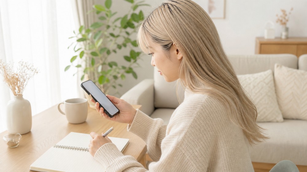 ブリーチ毛の縮毛矯正についてスマートフォンで調べる女性