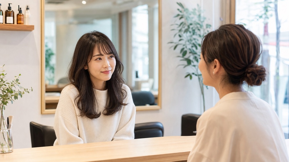 縮毛矯正の状態を美容師へ事実ベースで相談する日本人女性