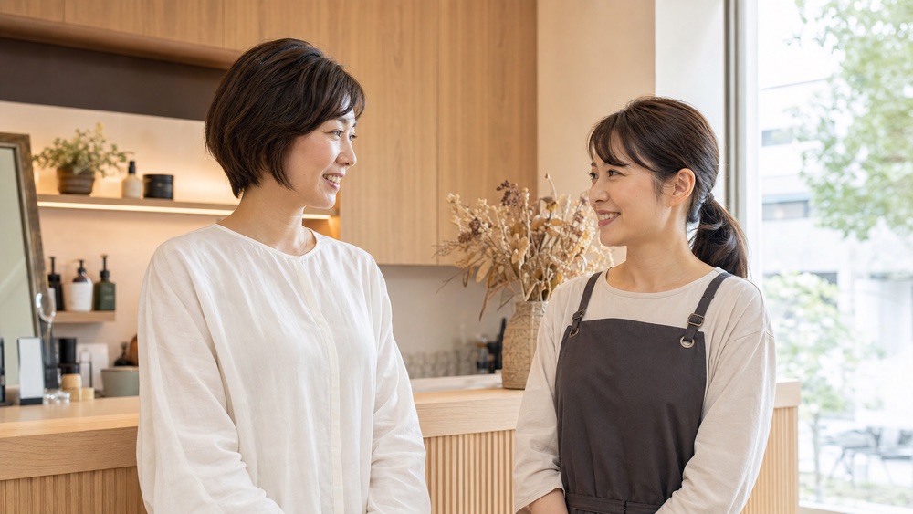 信頼できる美容師へ相談する日本人女性