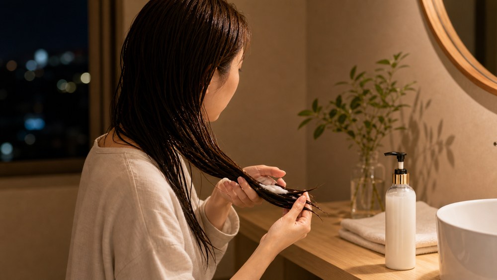 タオルドライ後の髪に洗い流さないトリートメントをつける日本人女性