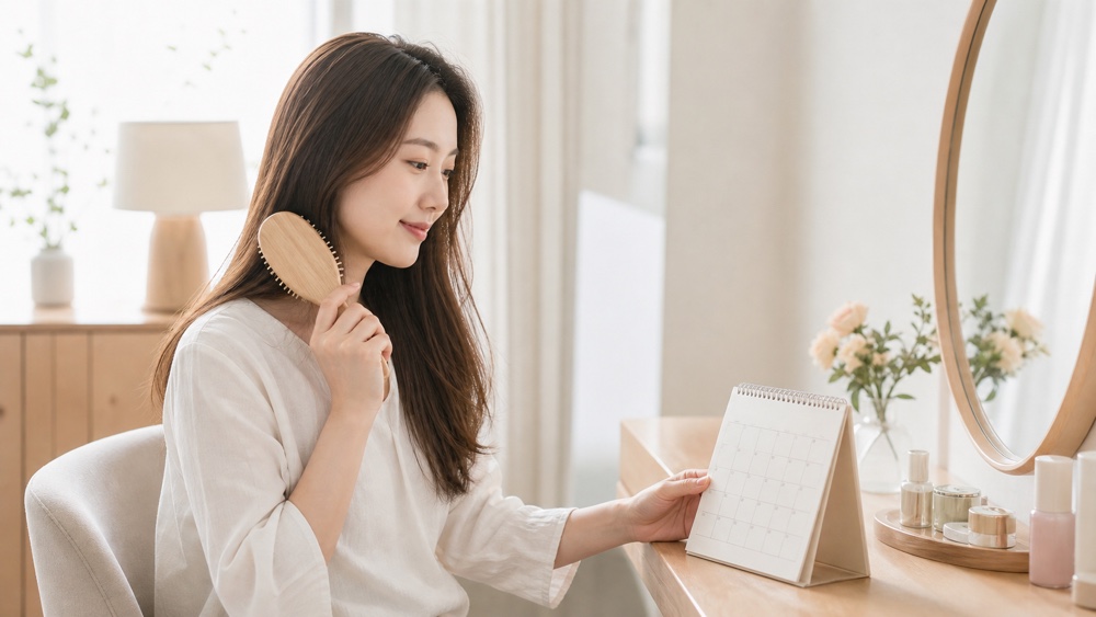 髪質改善を継続するためカレンダーを確認する女性