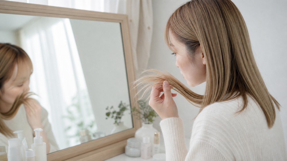 ブリーチ後の乾燥した毛先を確認する日本人女性