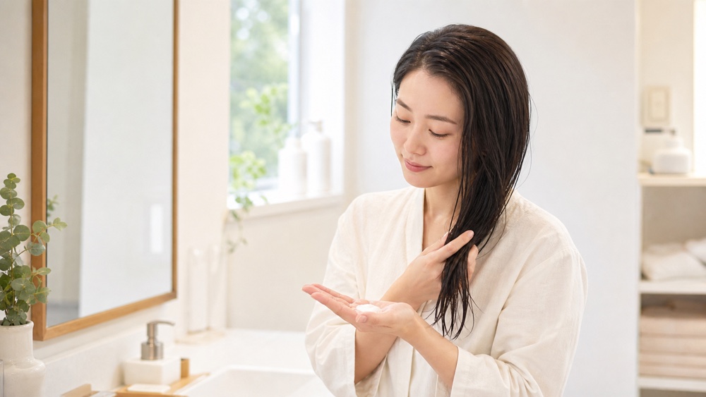 髪質改善後のホームケアでトリートメントを使う女性