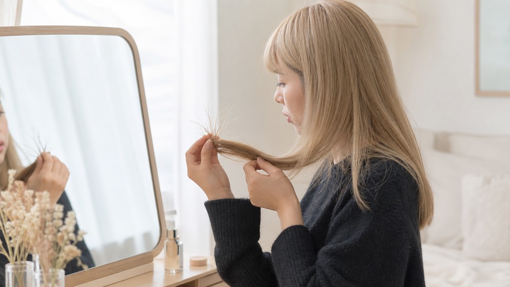 短い切れ毛とチリつく毛先を確認する日本人女性
