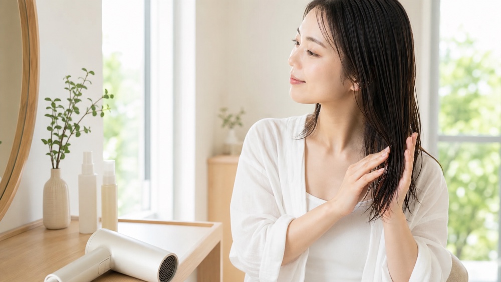 ドライヤー前に洗い流さないトリートメントをなじませる女性