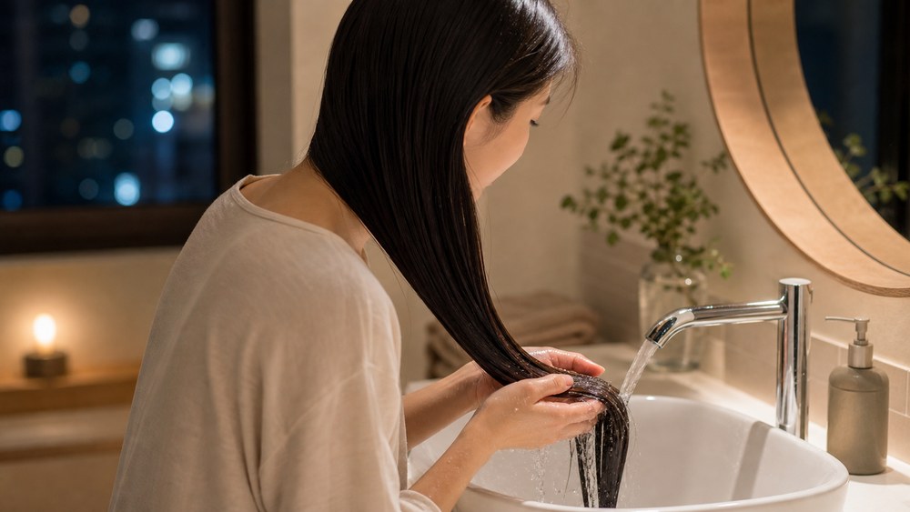 紫外線を浴びた日の夜にぬるま湯で髪をやさしく洗う日本人女性