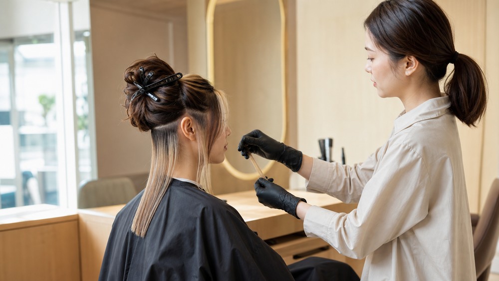 毛束テストでブリーチ毛の施術範囲を確認する美容師