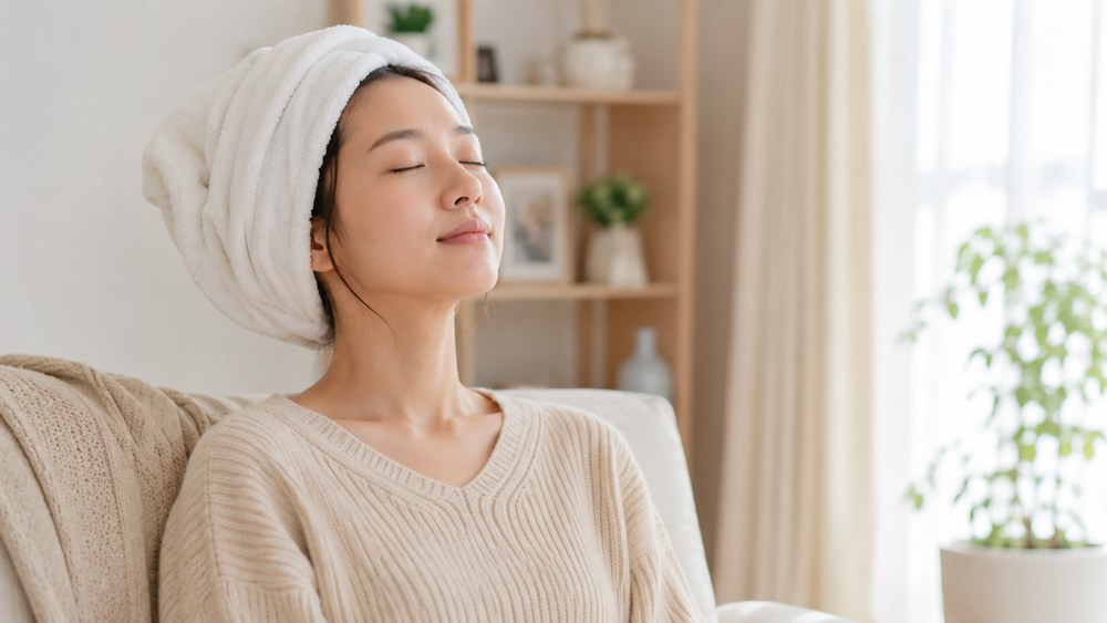 蒸しタオルを頭に巻いてリラックスしながら週1のケアをする日本人女性