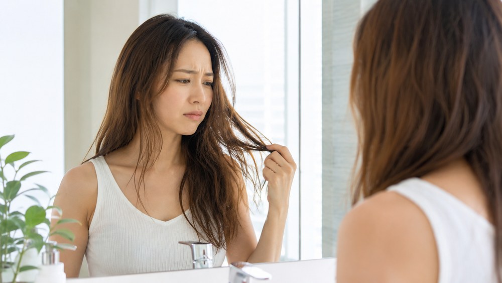 洗面台の鏡の前でパサついて広がった髪に悩む日本人女性