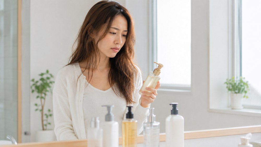 洗面台でヘアケアアイテムを手に取り真剣に選んでいる日本人女性
