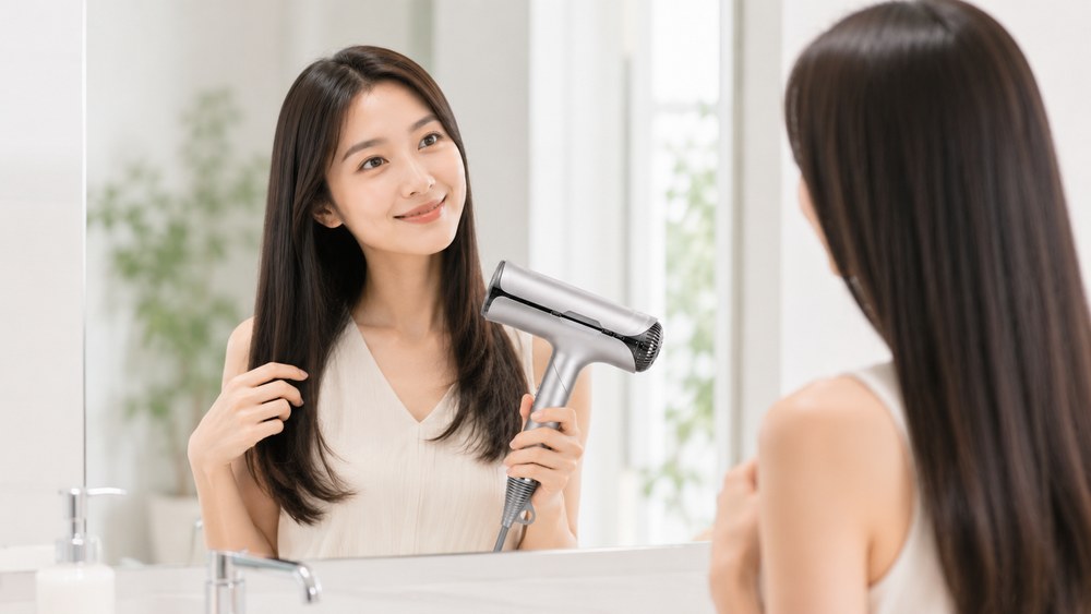 洗面台でドライヤー後の髪を整える日本人女性