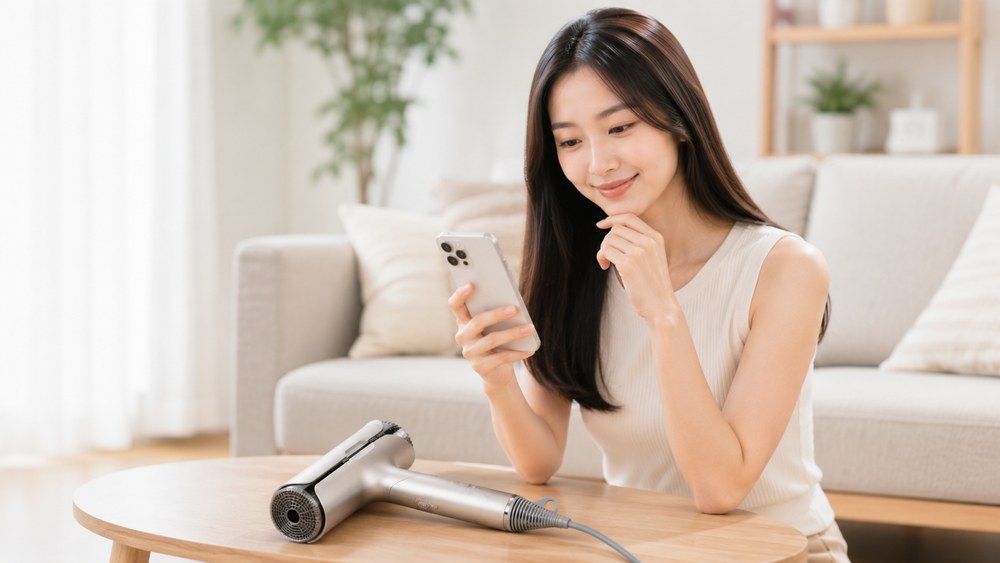 スマホで口コミを確認する日本人女性のイメージ