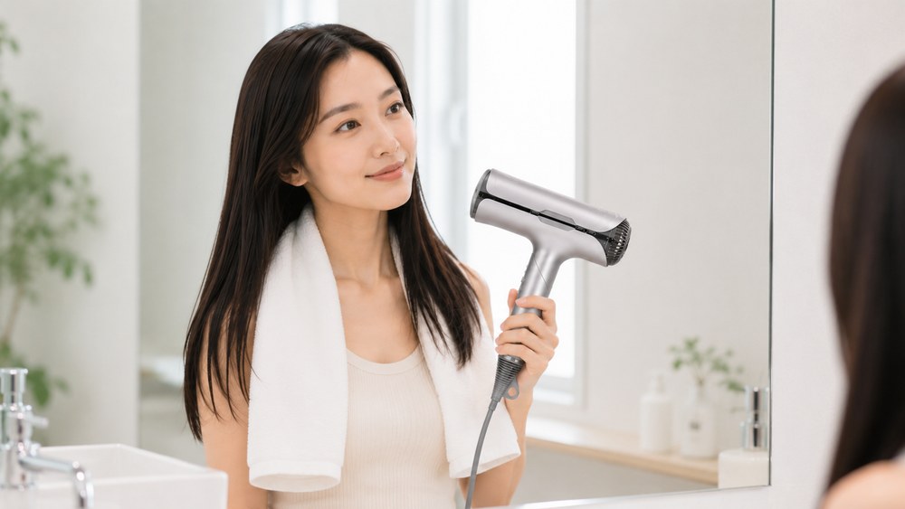 タオルドライしてからドライヤーを使う日本人女性