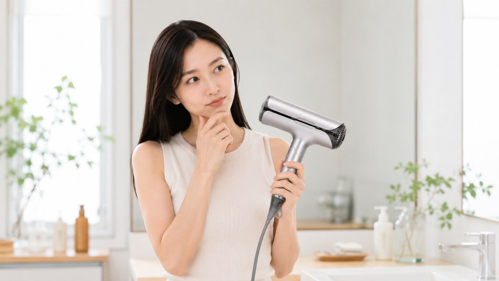 ドライヤー選びに悩む日本人女性のイメージ