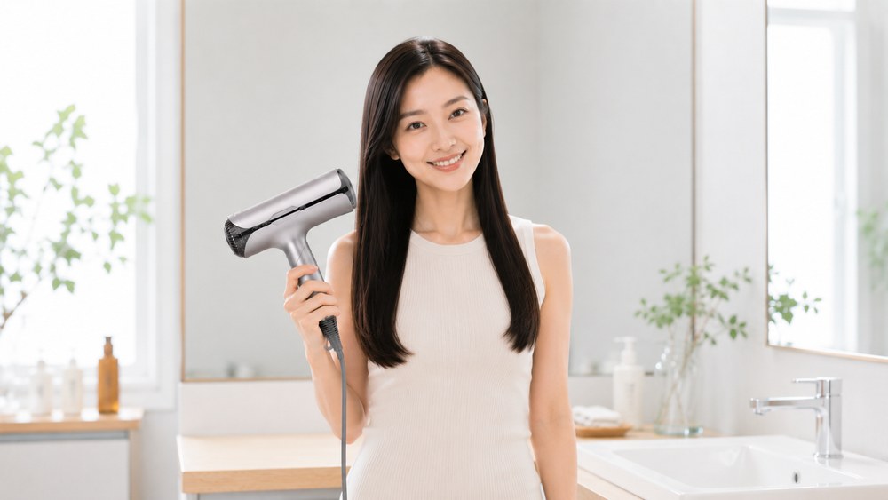 乾かした後のまとまった髪に満足する日本人女性