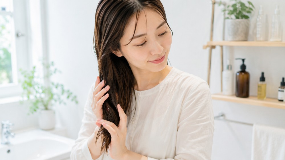 バスルームでヘアケアアイテムを使ってホームケアをする様子