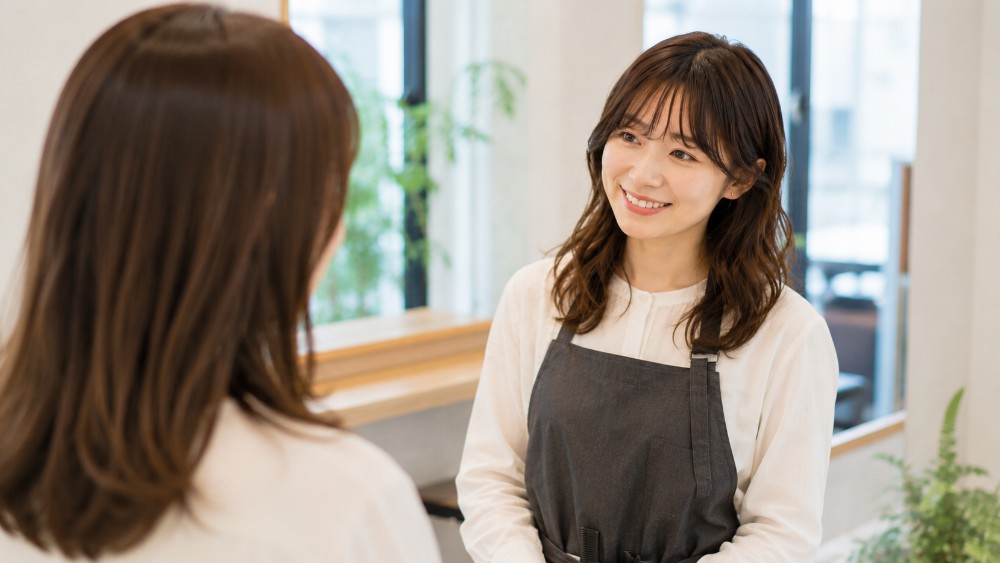 美容室でエプロン姿の女性美容師が笑顔で話しかけている様子