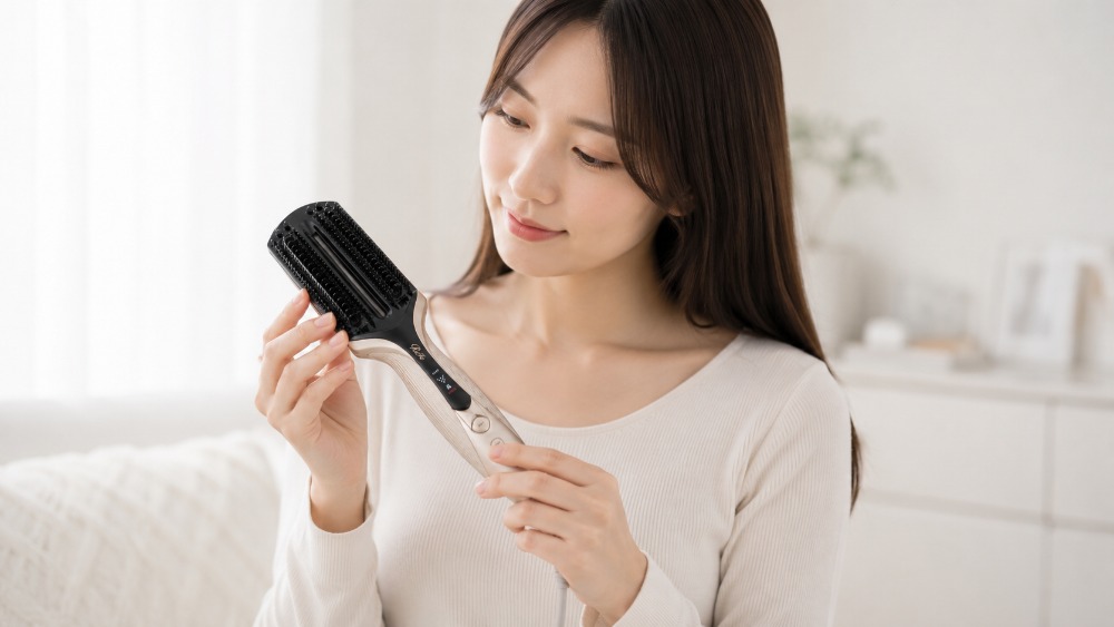 日本人女性がリファ トリートメントアイロンを手に持って確かめている様子