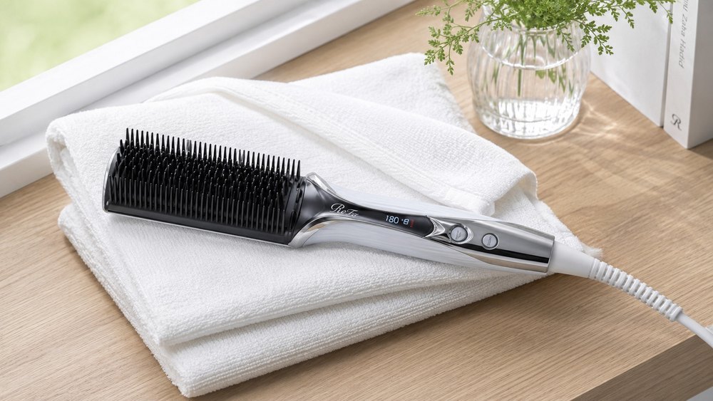 窓辺の棚に置かれたブラシ型ヘアアイロンとタオル