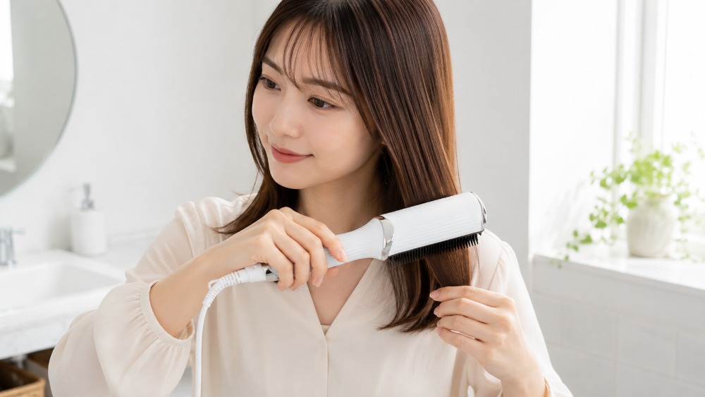 洗面所でブラシ型ヘアアイロンを使う女性