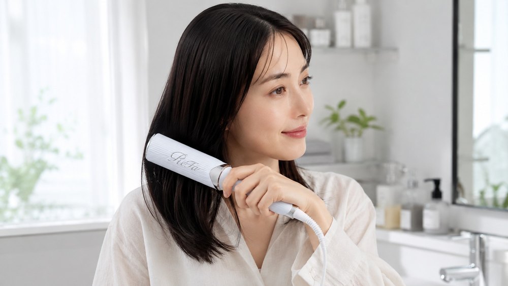 洗面所でブラシ型ヘアアイロンを使う女性