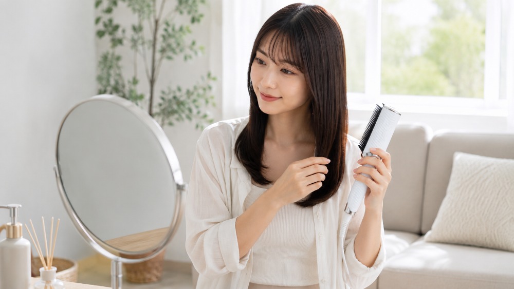 鏡の前で髪を整える女性