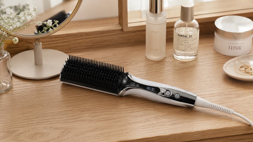 ドレッサーに置かれたブラシ型ヘアアイロン