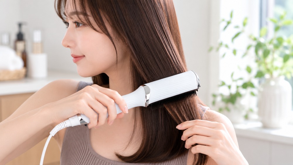 ブラシ型ヘアアイロンで毛先をとかす女性