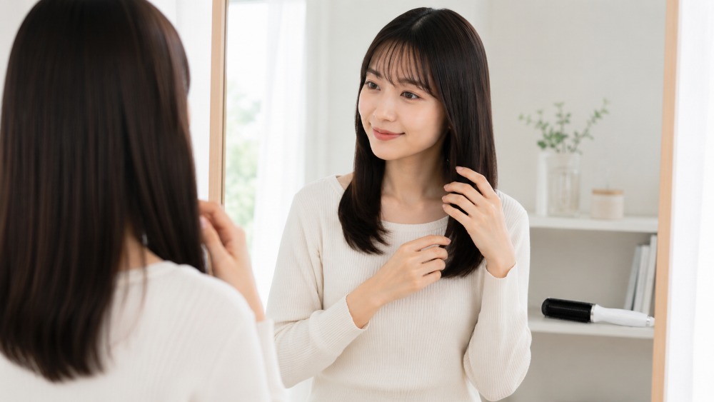 ストレートに整った髪で鏡を見る女性
