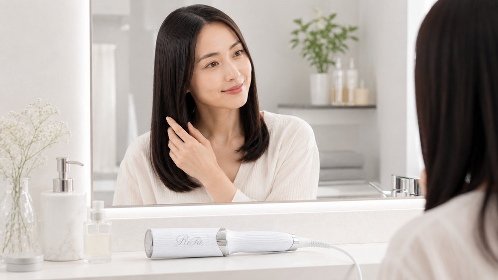 ストレートに整った髪で鏡を見る女性
