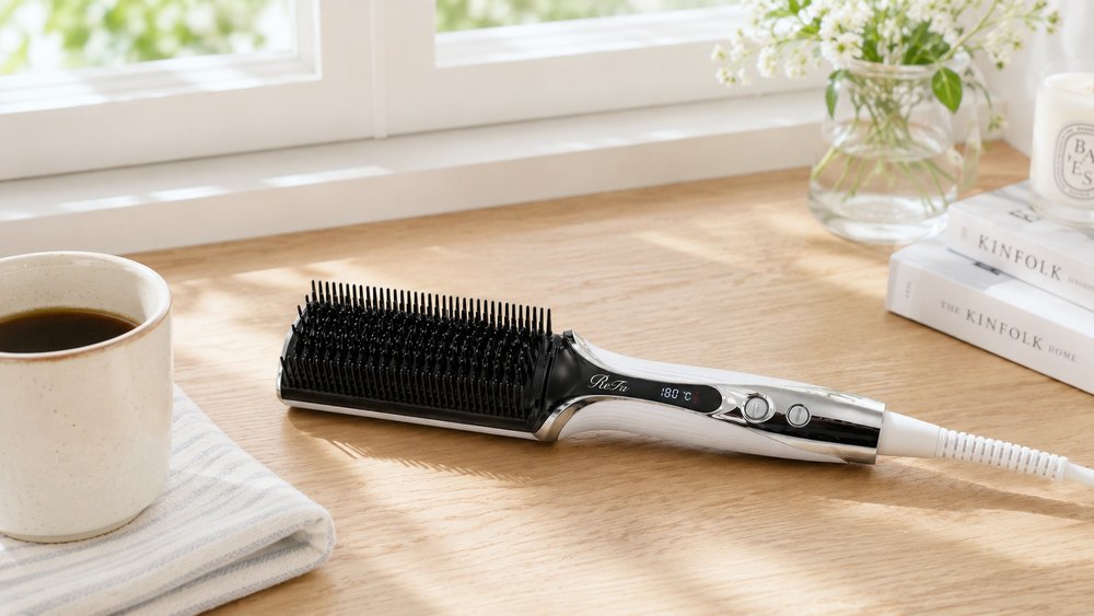 朝の窓辺のカウンターに置かれたブラシ型ヘアアイロン