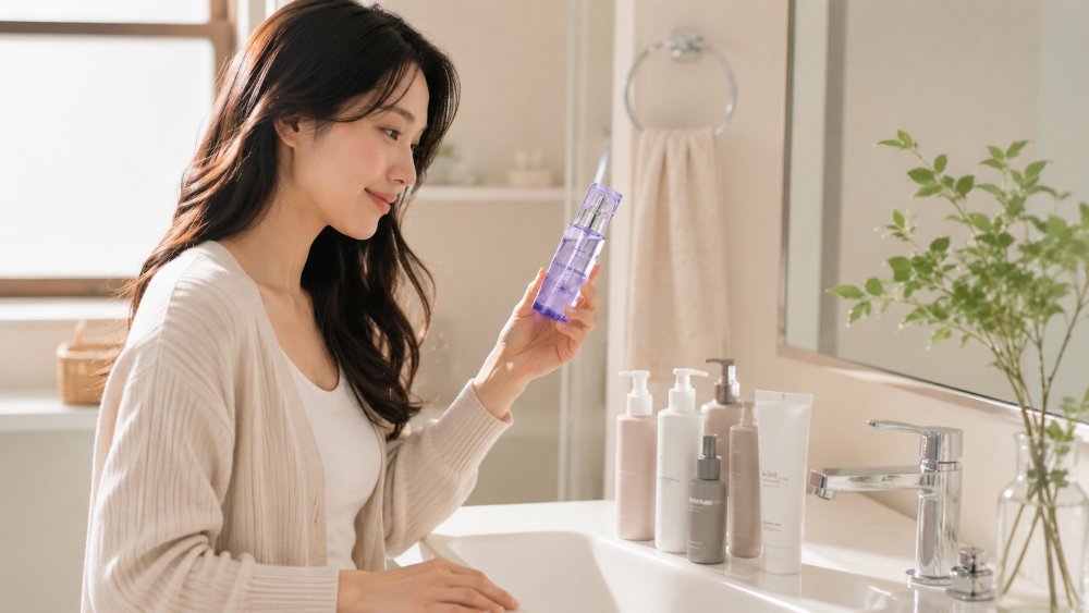 数種類のヘアケアボトルを見比べる女性