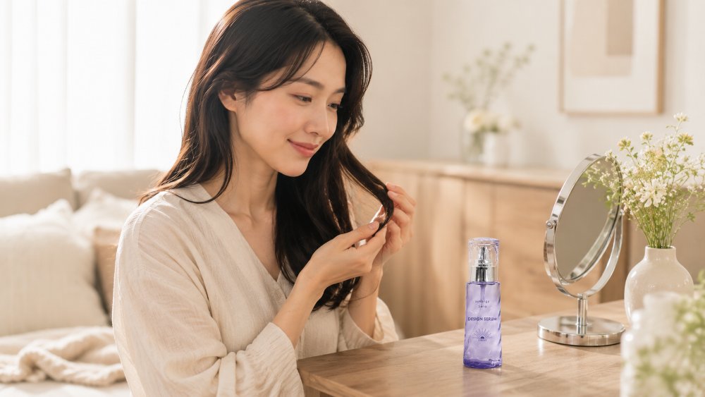 乾かした後の軽やかでツヤのある毛先を触れる様子