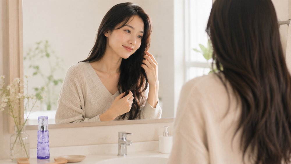 ロングヘアの女性が鏡の前で手ぐしでスタイリングする様子