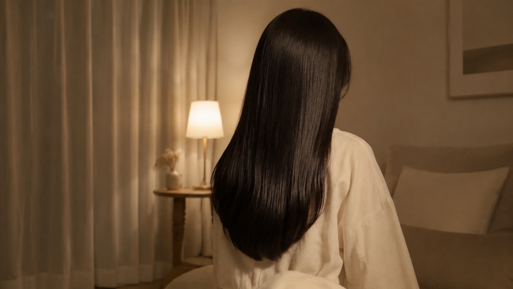夜の自宅でツヤのある黒髪の後ろ姿