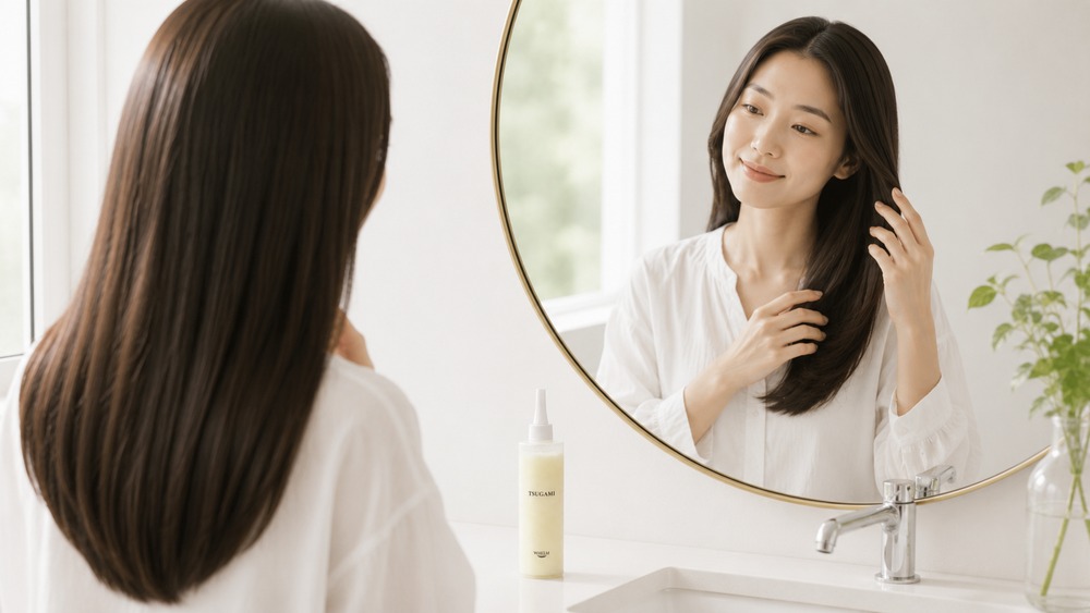 鏡の前で髪の艶を確認する女性とツガミ トリートメント
