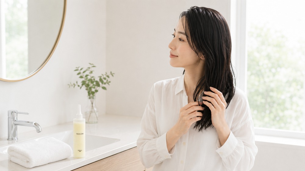 ツガミ トリートメントを毛先になじませる女性