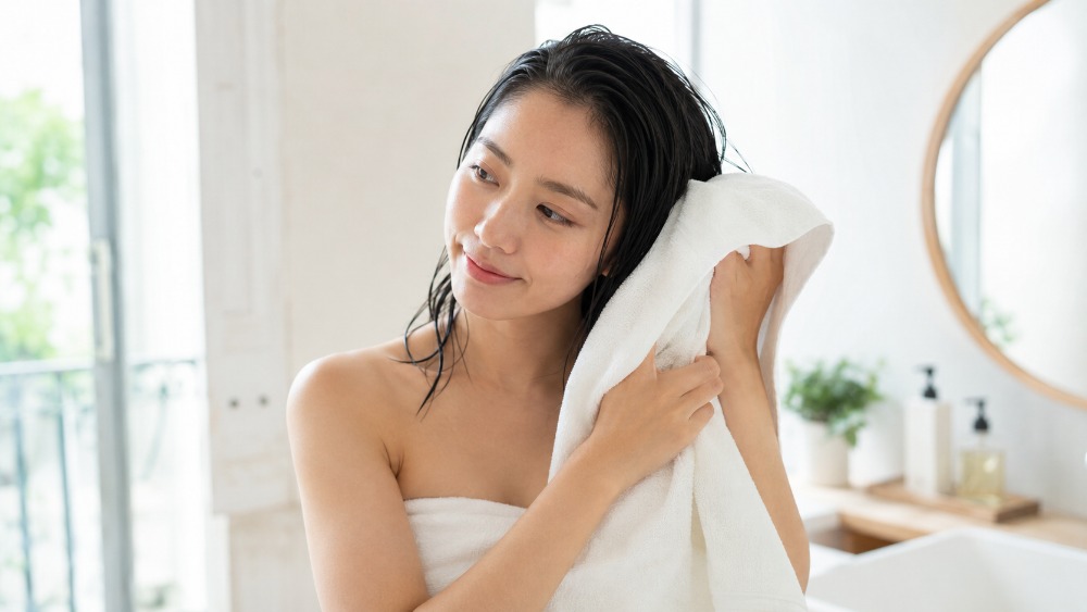タオルドライで濡れた髪の水分をとる女性