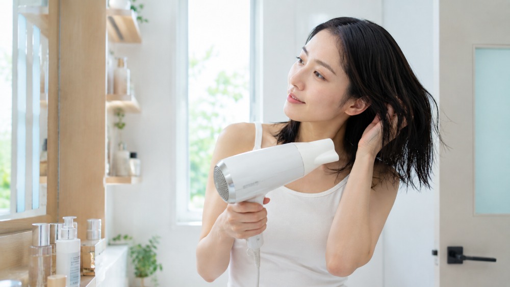 ドライヤーで髪を乾かす女性