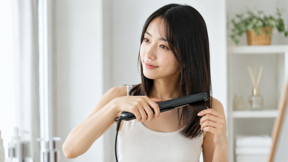 ヘアアイロンで毛先をととのえる女性