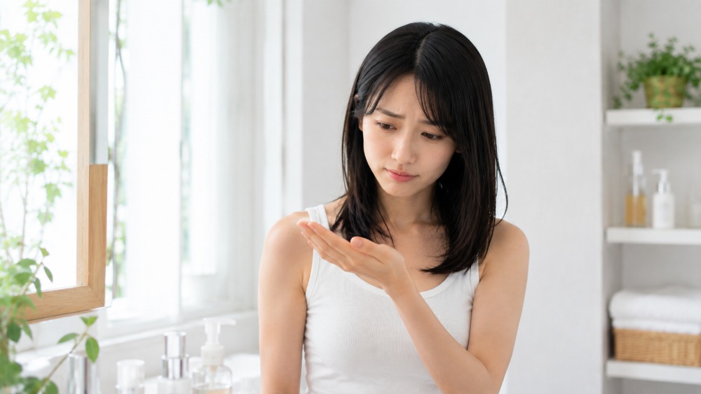 手のひらを見て使う量に迷う女性