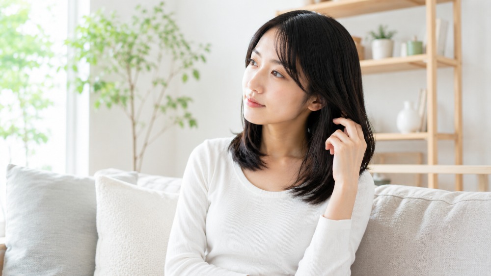 ソファで髪を手にとりながら考える女性