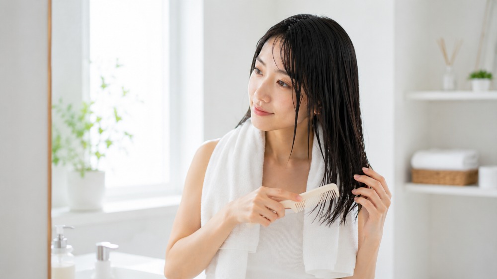 濡れた髪を毛先からブラシでとかす女性
