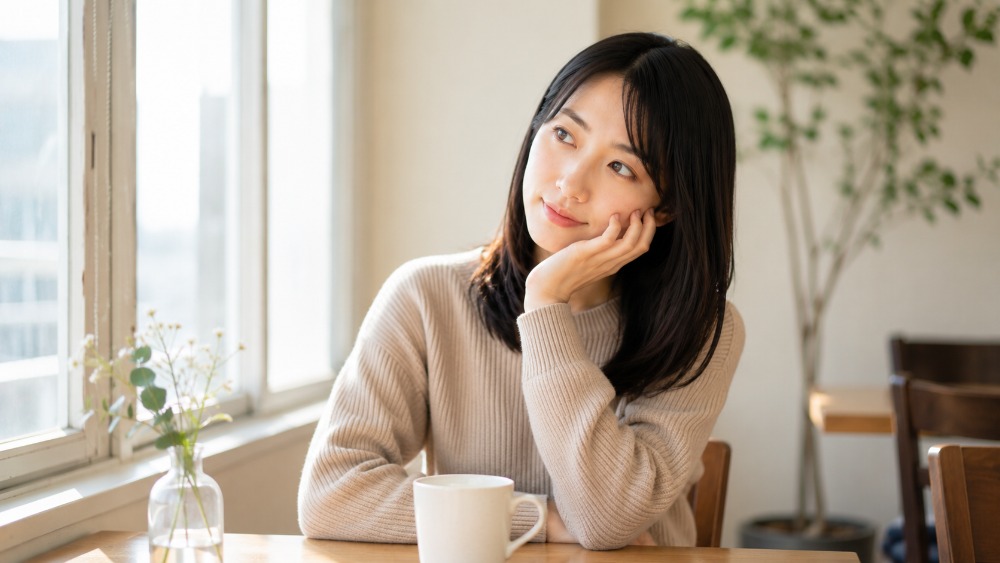 カフェの窓辺で頬杖をついて考える女性